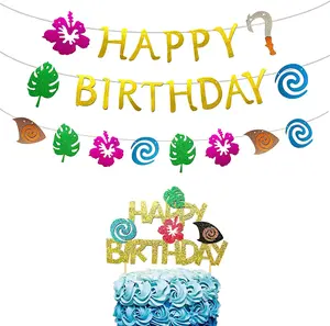 LaVenty cake shed cake topper gender reveal Glittery Moana Birthday Banner & Cake Topper Set for Hawaiian Luau Party Decoration Kids Tropical Theme Ornaments Gifts