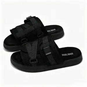 Men's Black Adjustable Strap Slide Sandals - Casual Open-Toe Sport Slippers with Thick Cushion Sole, Non-Slip Comfortable Slides for Streetwear, Beach, Shower, Poolside, Indoor & Outdoor Summer Wear, Breathable Textured Upper