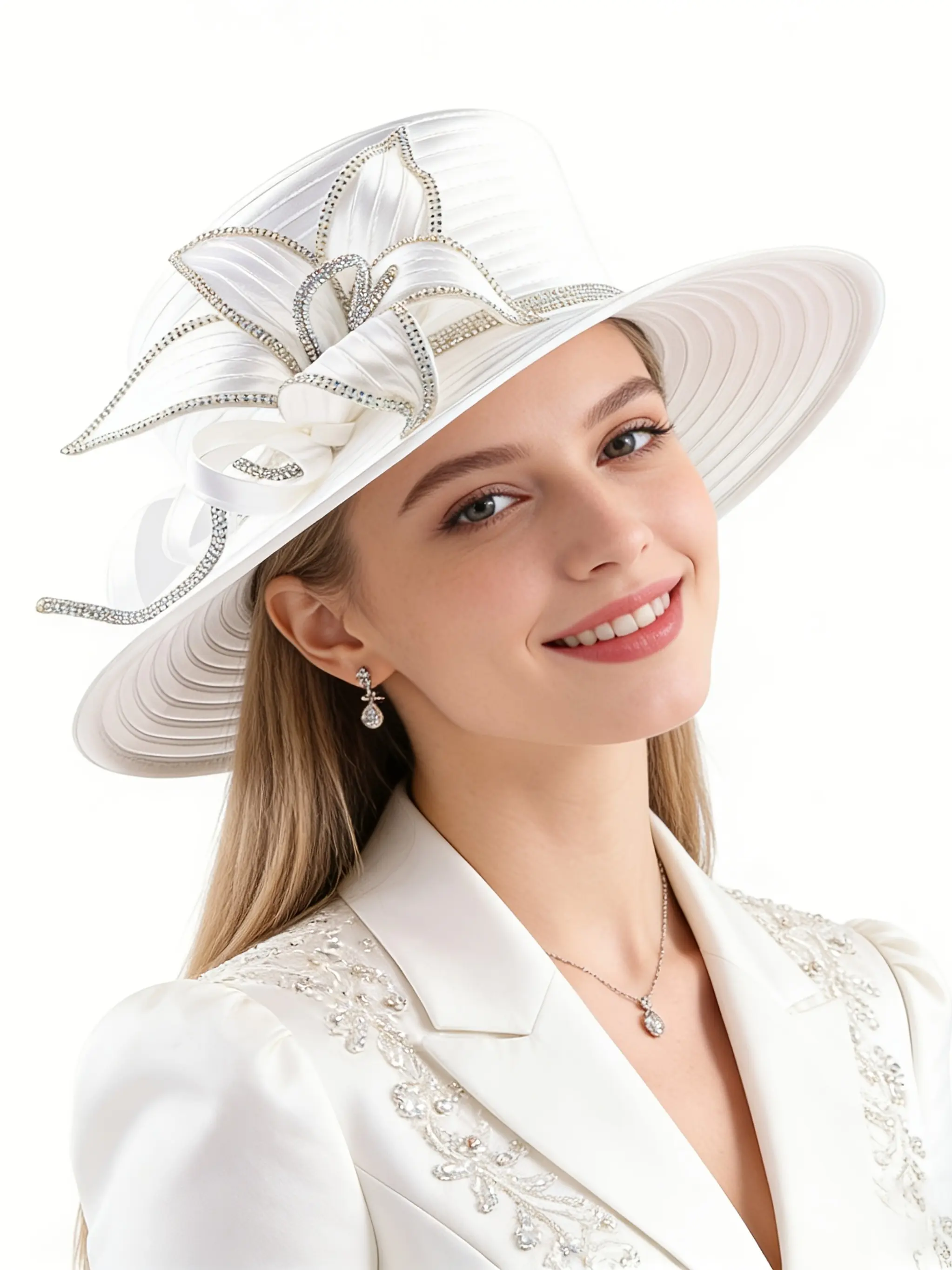 Elegant Women's Church Hat, Vintage Satin Rhinestone Accents Floral Design Party Hat, Wedding Bridal Hat, Fashion Wide Brim Sun Hat, Sunday Church Hat, Luxurious Feel, Versatile Use