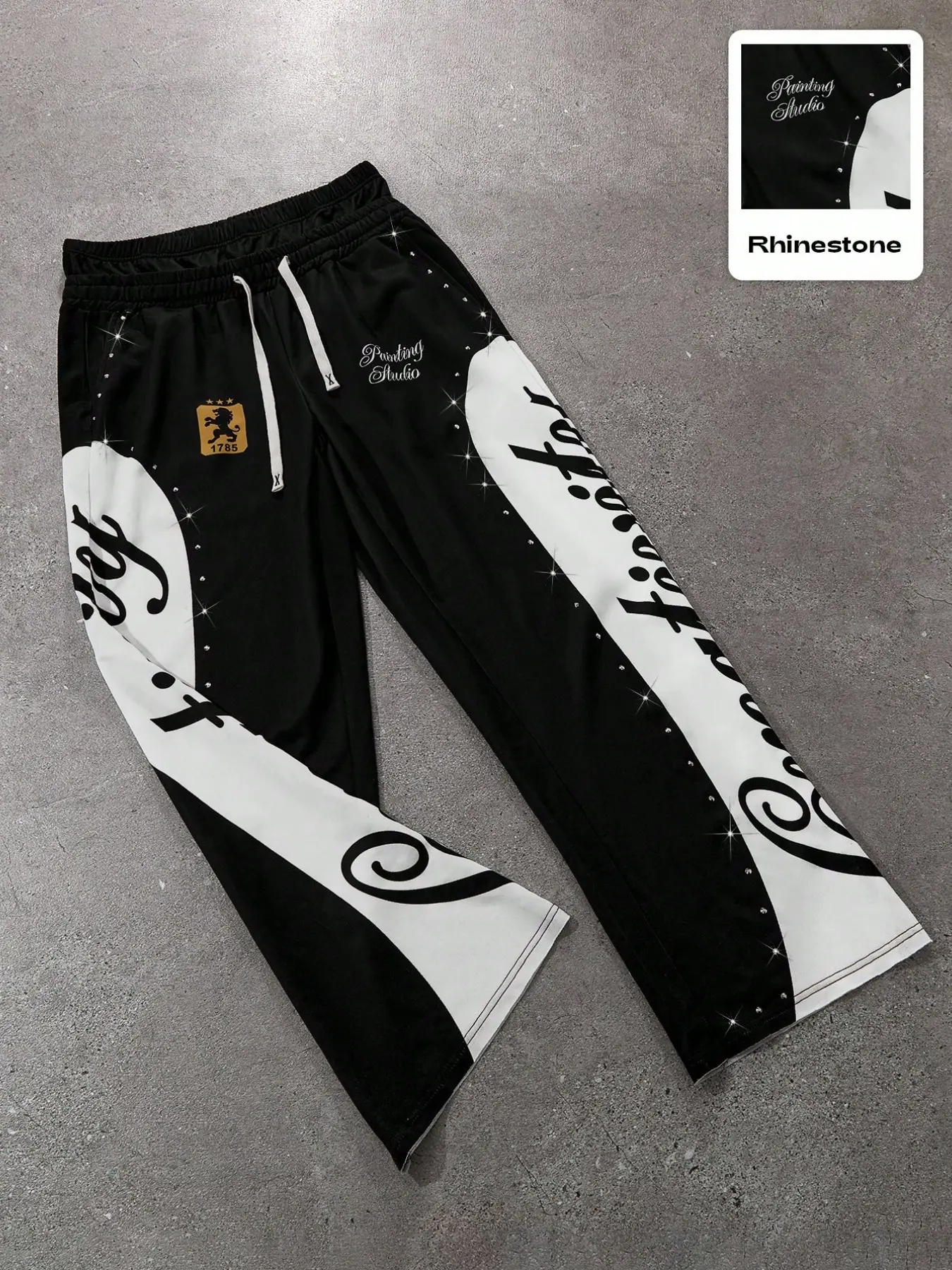 Unisex Loose Fit Rhinestone Lion Print Drawstring Sweatpants, Y2K Glitter Gothic Streetwear, Retro Painting Studio Casual Sports Pants