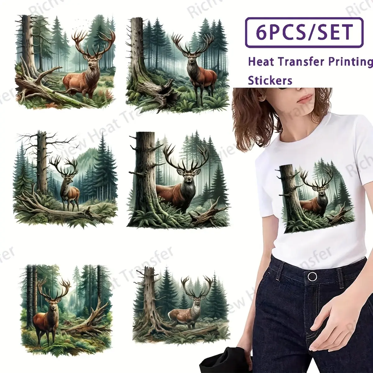 6-Piece Landscape Deer Print Heat Transfer Stickers, Washable Vinyl Material, Forest Scene & Baby Deer Design, DIY Crafts Iron-On Patches, DIY Craft Supplies