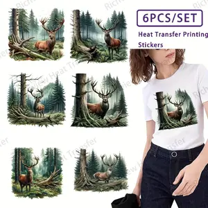 6-Piece Landscape Deer Print Heat Transfer Stickers, Washable Vinyl Material, Forest Scene & Baby Deer Design, DIY Crafts Iron-On Patches