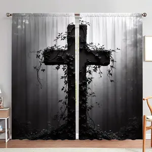 Cross & Garden Print Door Curtain, 1 Set Gothic Style Door Curtain, Home Decor for Living Room Bedroom, Room Divider Curtain, Home Decoration Curtain