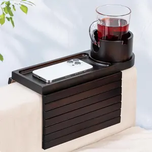 Couch Cup Holder for Armrests Over 4.9" Wide Bamboo Couch Arm Tray with 360° Rotating Phone Stand 3 in 1 Foldable Sofa Arm Tray Table for Remote Snacks Phone Drinks Walnut