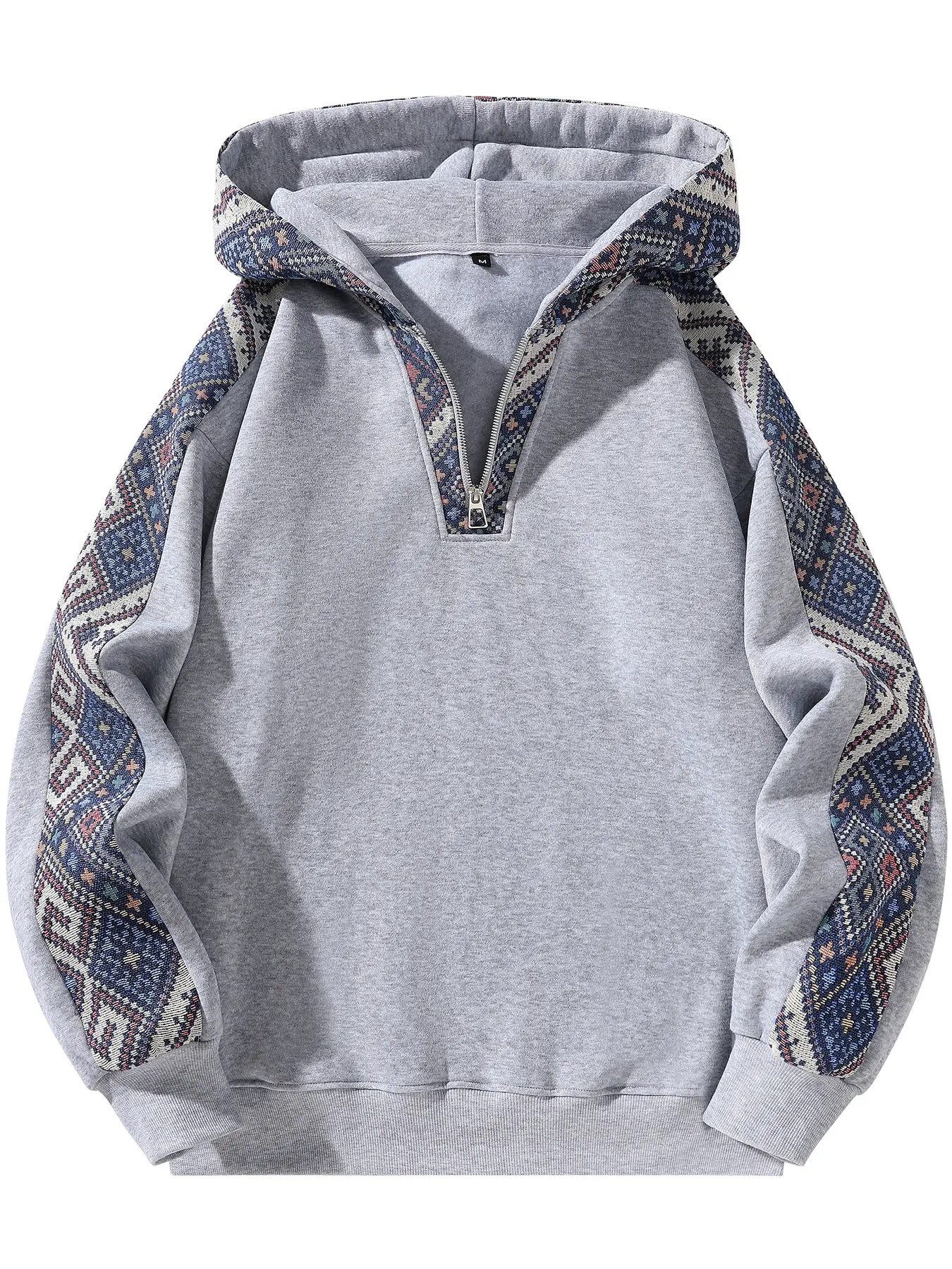 Unisex Half-Zip Hoodie, Vintage Ethnic Patchwork Sweatshirt, Casual Daily Wear, Outdoor Activities, Men's Sporty Hooded Sweatshirt