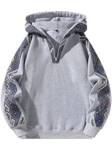 Unisex Retro Ethnic Patchwork Half Zip Hoodie, Casual Comfy Regular Fit Long Sleeve Pullover for Fall & Winter Daily Wear