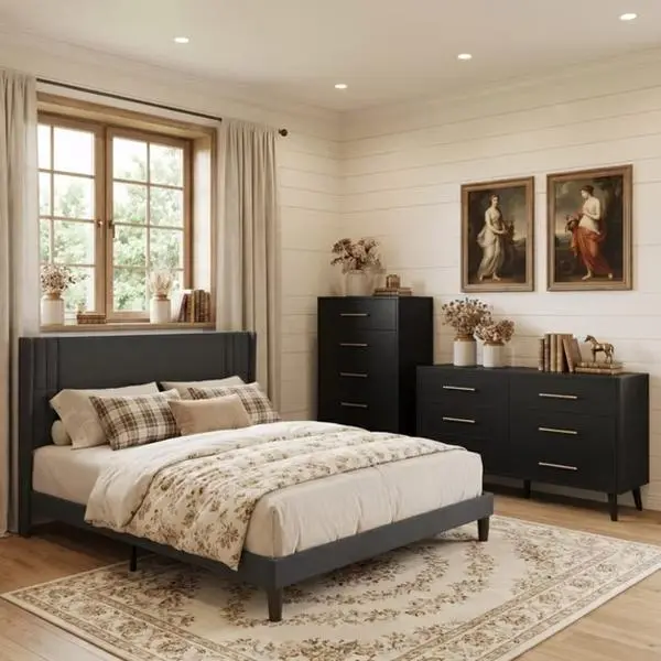 GIZOON Durable 3-Piece Matching Black Wood Bedroom Furniture Set - Queen Bed Frame, 5-Drawer Dresser, 6-Drawer Dresser with Reinforced Legs, Anti-Tip Kit, Coordinated Modern Design, Matching Bedroom Sets, Eliminates Clutter