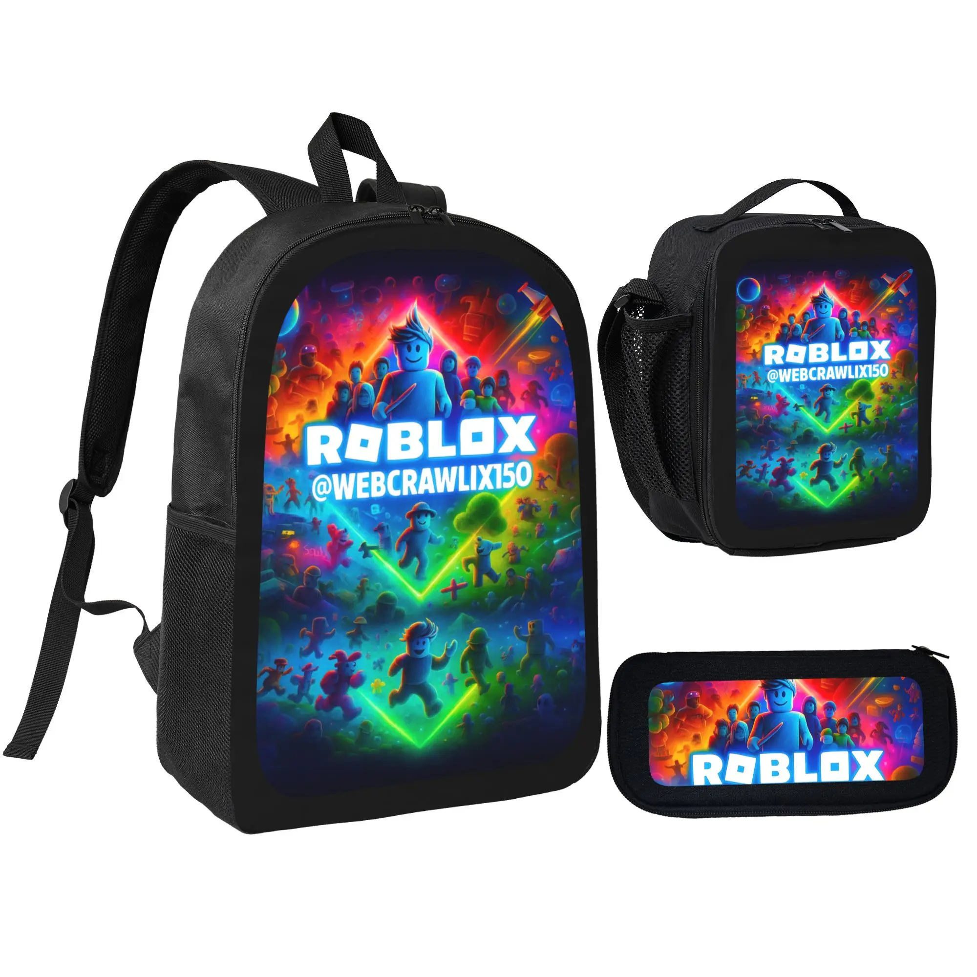Roblox Cartoon Character 3pcs Backpack Set - Lightweight Polyester Bookbag with Matching Pencil Bag and Insulated Lunchbox for Kids Teens