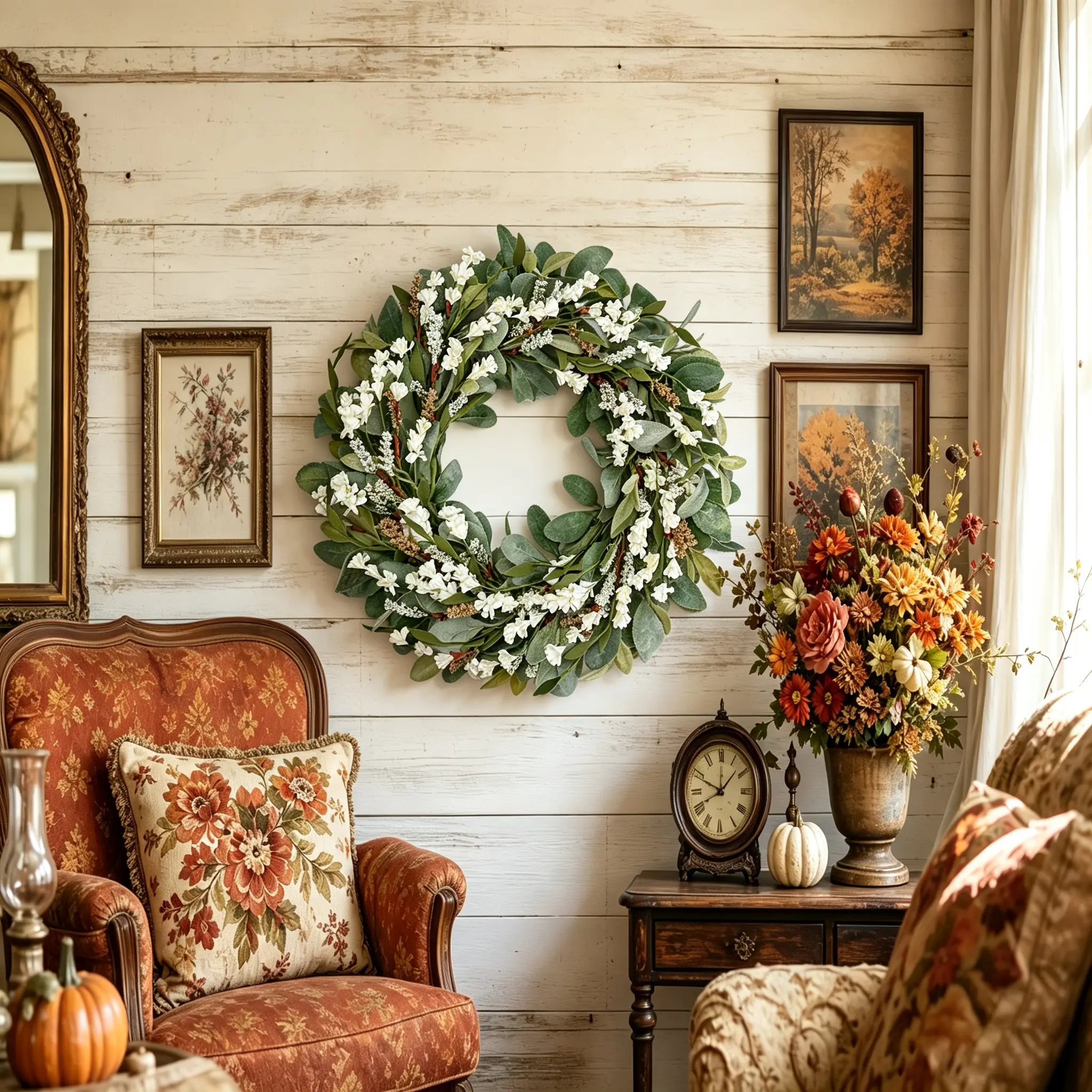 20 Inch Farmhouse Autumn Wreath White Floral Lamb's Ear Front Door Wreath All Season Rustic Fall Harvest Wreath Indoor Outdoor Porch Wall Hanging Decor