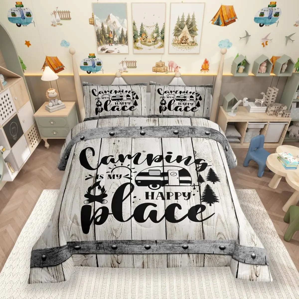 Feelyou Rustic Farmhouse Camping Duvet Set - Gentle Soft Warm Wooden Plank & Pine Tree Bedding, Twin/Full/Toddler Size, Camper RV Bedroom Decor, Kids Bedding Inspo, Gentle Soft Blanket, Queen Comforter Set