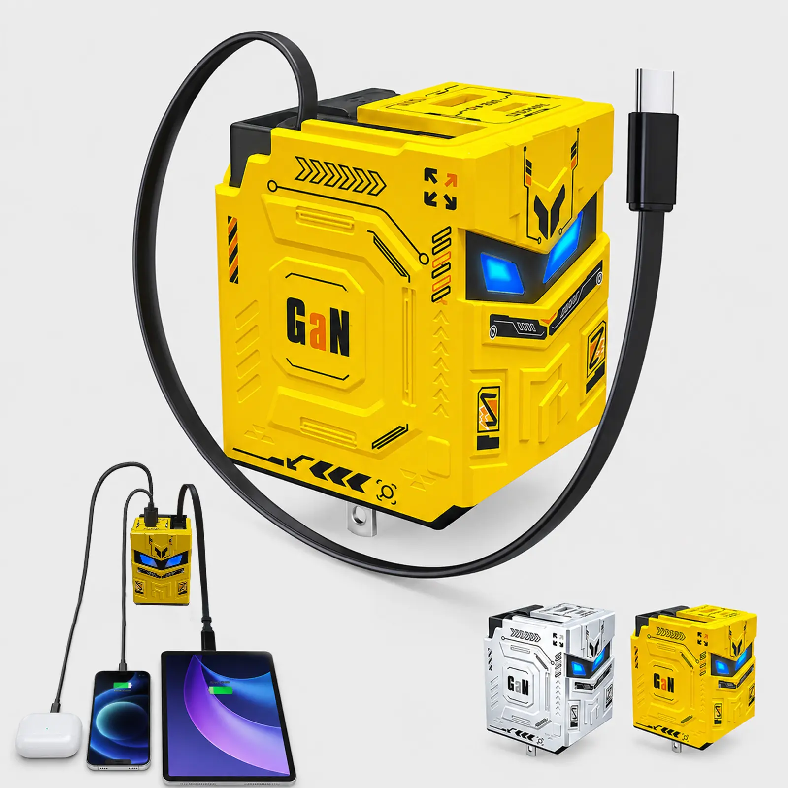 Charger with Built-in Retractable Type-C  Cables, 3-in-1 Portable Travel Adapter and Desktop Charging Station for iPhone 16/15, AirPods, Samsung, Portable Electronics