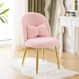 VINGLI Relax Chair, Dressing Table, Armchair with Bow Cushion, Curved Back Without Armrests, for Living Room, Office, Bedroom, Plush Rabbit Fur, 55 x 48 x 78.5 cm