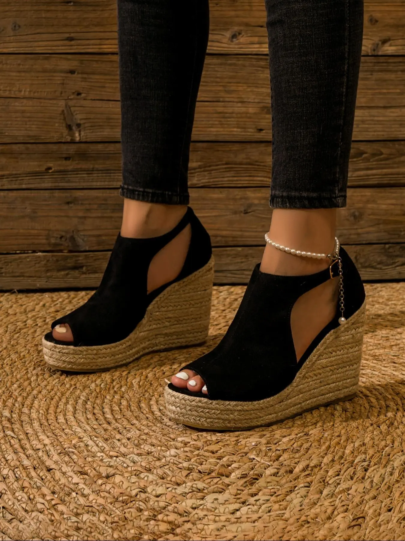 Women's Espadrille Peep-Toe Wedge Sandals, Casual Hollow-Out Buckle Decor Shoes, for Beach, Parties & Daily Wear