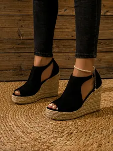 Women's Fashionable Espadrille Peep Toe Wedge Sandals, Espadrilles Wedges, Casual Hollow Out Design Buckle Decor Flatform Shoes For Beach Party Vacation, Fashion Shoes For Party, Daily Clothing Decor