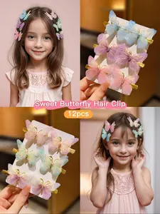 12 Cute Butterfly Shaped Gradient Color Hair Clips, Thin Gauze Design, Casual Style, All Seasons Accessory, Women's Fashion