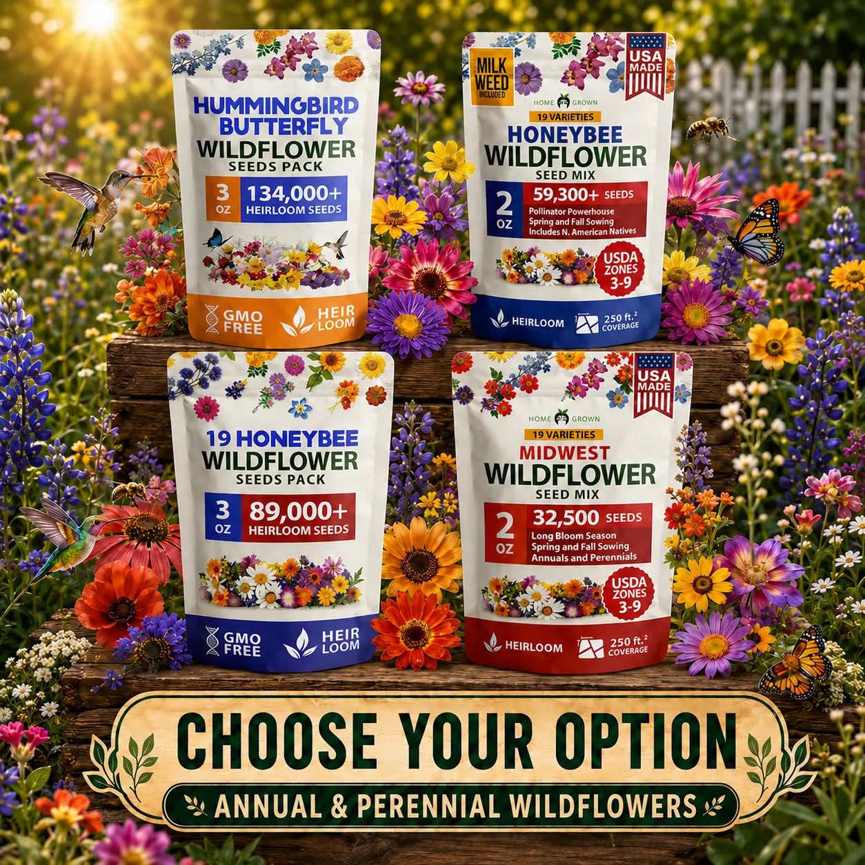 Annual & Perennial Wildflower Seeds for Planting Outdoors, Non-GMO Flower Seeds for Pollinator & Butterfly Gardens