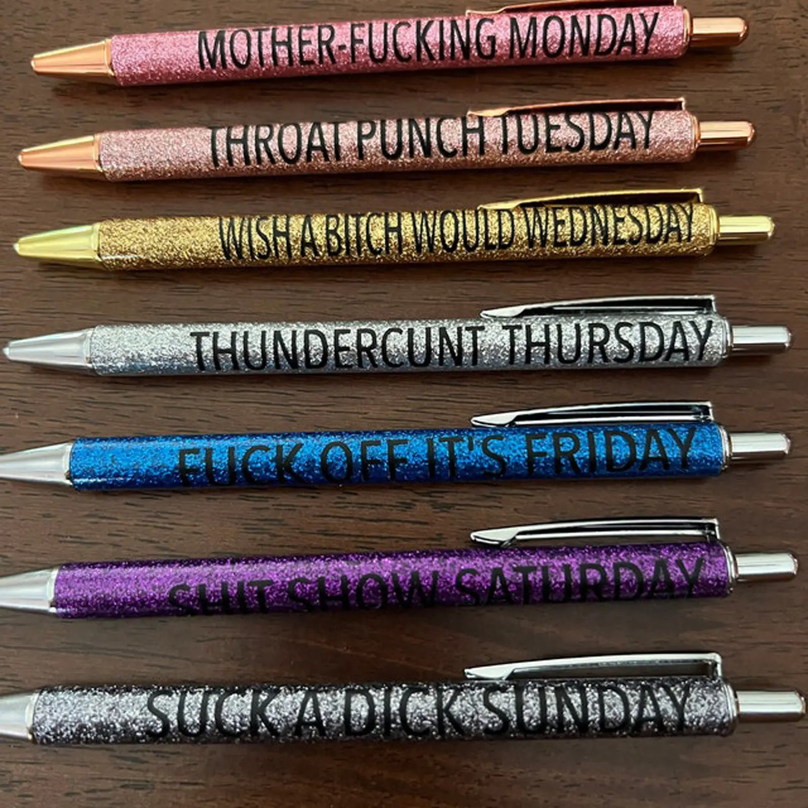 7 Pieces Weekly Theme Glitter Ballpoint Pens, Funny Weekday Vibes Quirky Text Pen Kit, Creative Novelty Ballpoint Pen Set, Durable Educational School Stationery Supplies for Kids Teens Classroom Study Homework Office Memo Writing