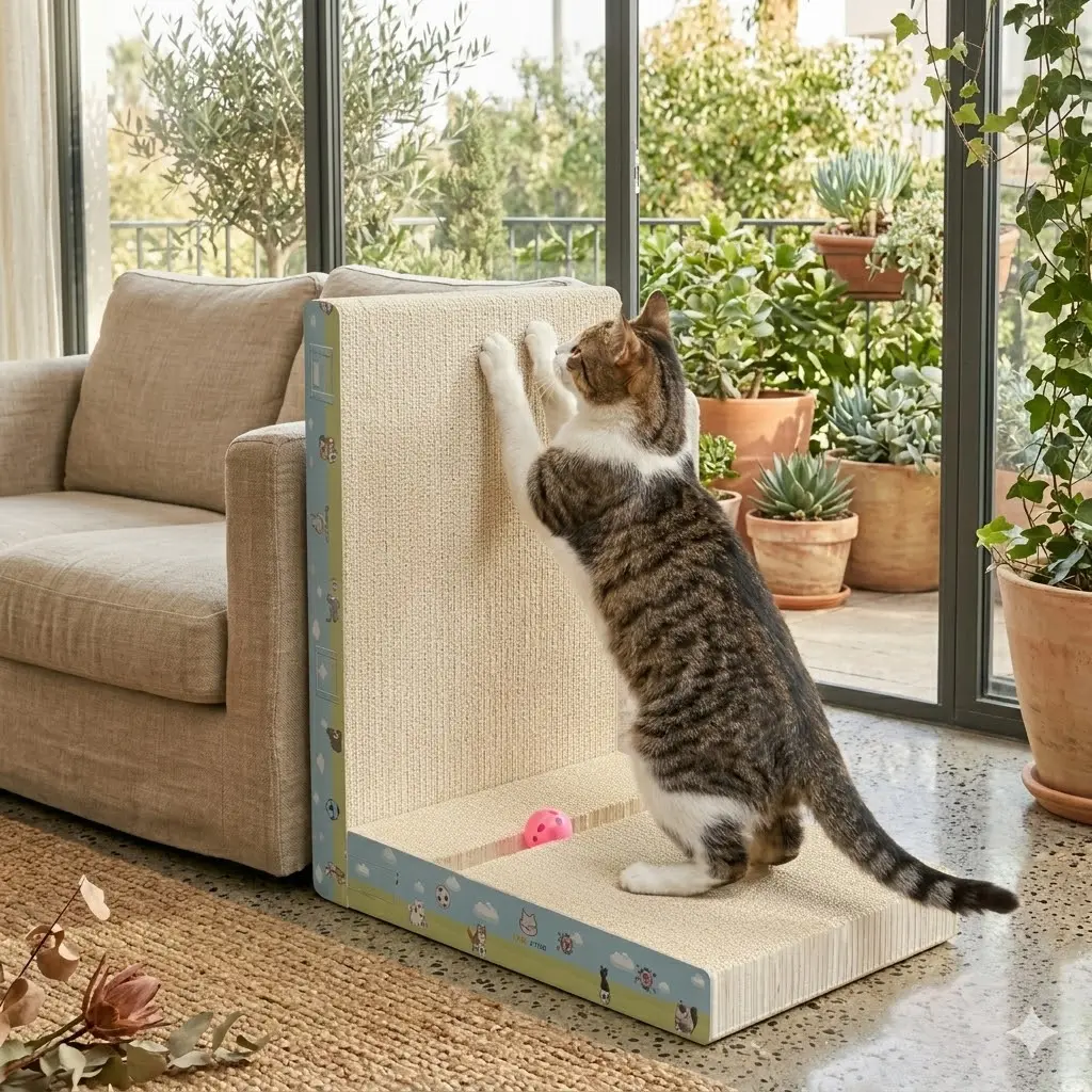 Premium L-Shaped Cat Scratcher, Natural Non-Toxic Hardened Plant Fiber Cat Scratching Board Vertical, Sturdy Corrugated Cardboard Furniture Shield with Interactive Toy for Indoor Kitty tiktokshopsummersale
