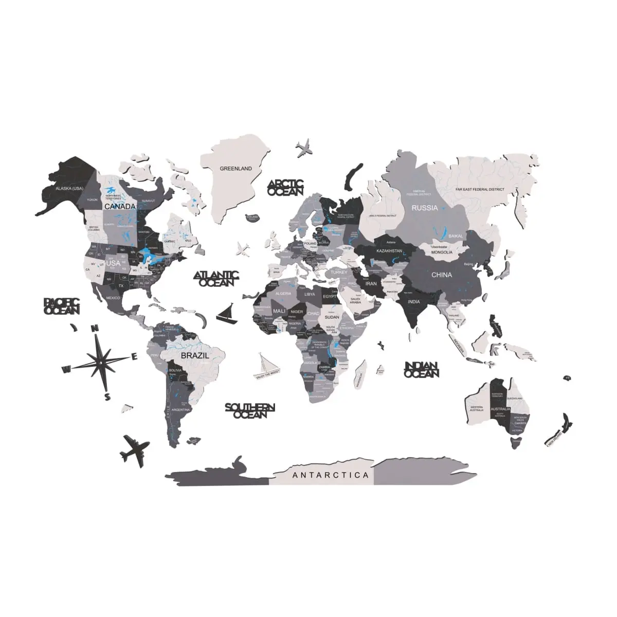 360 stand Dimensional Wood World Map Wall Decor - 47x79 in. Black, Gray & White Hanging Sculpture with Dimensional Look & Global Charm for Room Home Accessory