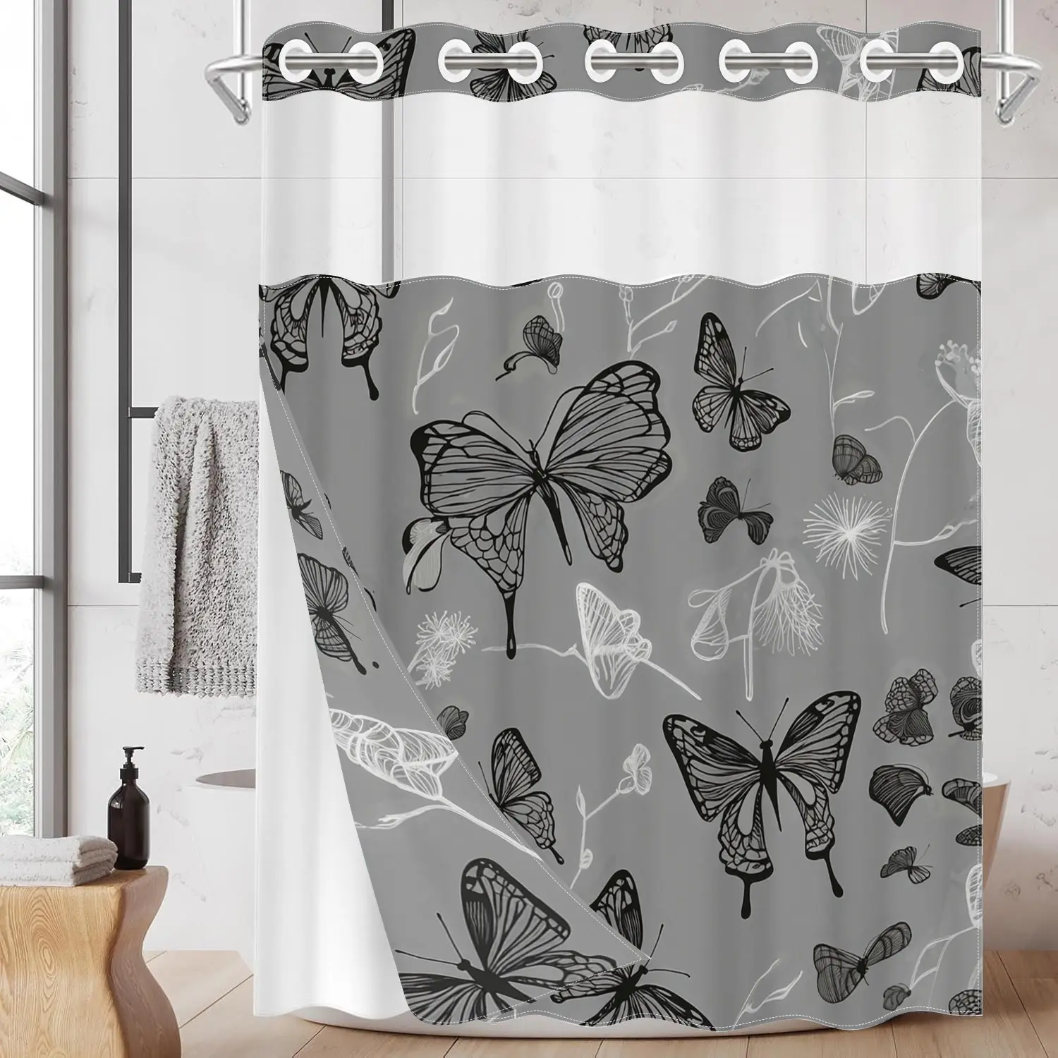 1pc hookless Bathroom shower curtain with buckle lining, spring gray background with black and white butterfly design 2D flat print, fabric waterproof lining, see-through double-layer decorative shower curtain, 71 x 74 inches, modern home draping curtain