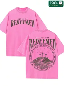 Plus Size Washed Short Sleeved Double-Sided Printed T-Shirt, 100% Pure Cotton, Printed With "Redemption Christianity". Retro Hip-Hop Style, Street Y2K Printed Short Sleeved Top, Sports T-Shirt. Suitable Gift Choices Neutral Casual Round Neck T-Shirt