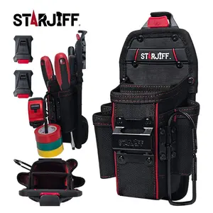 STARJIFF Electrician's Mini Tool Kit with belt clip, tape measure sleeve, tape hanger, 5 pockets, and durable 1680D leather electrician's case, Tool Bag, Tool Bag Organizer; suitable for electricians and carpenters.