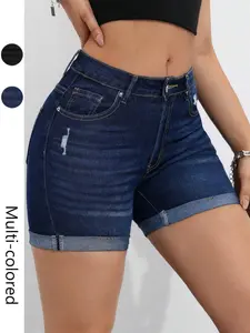 Women's Solid Color Dark Wash Denim Button Fly Shorts with Pockets, Button, Elastic Hem Summer Casual Slim Fit Shorts, Versatile Daily Wear, Comfortable and Stylish, Womenswear
