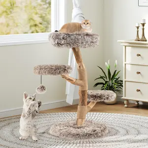 COSTWAY - Cat Tree Solid Pear Wood with Perch and Natural Jute Scratching Posts-Brown