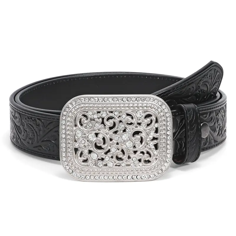 XZQTIVE Men's Heavy Duty 100% Leather Western Belt - Engraved Bold Floral Design, Alloy Steel Embossed Belt Buckle, for Urban Cowboy, 90s Country Style Outfits