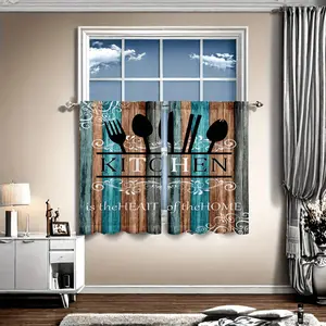 Set of Kitchen Curtains Featuring Kitchenware Designs on a Blue And Brown Background for Home Decor casual party decoration high ceiling living room decor inganchos custom drapery panel doble layer darkening floral print ruffle boho cortina forro space