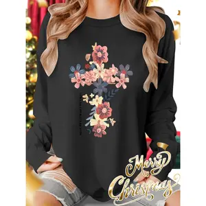 Christmas Autumn/Winter Outfit: Colorful Floral Print Round Neck Casual Sporty Fresh Elegant Plus Size Women's T-Shirt, Long Sleeve for Autumn/Winter, Fashionable Commute Vacation Daily Versatile Vintage Style Top