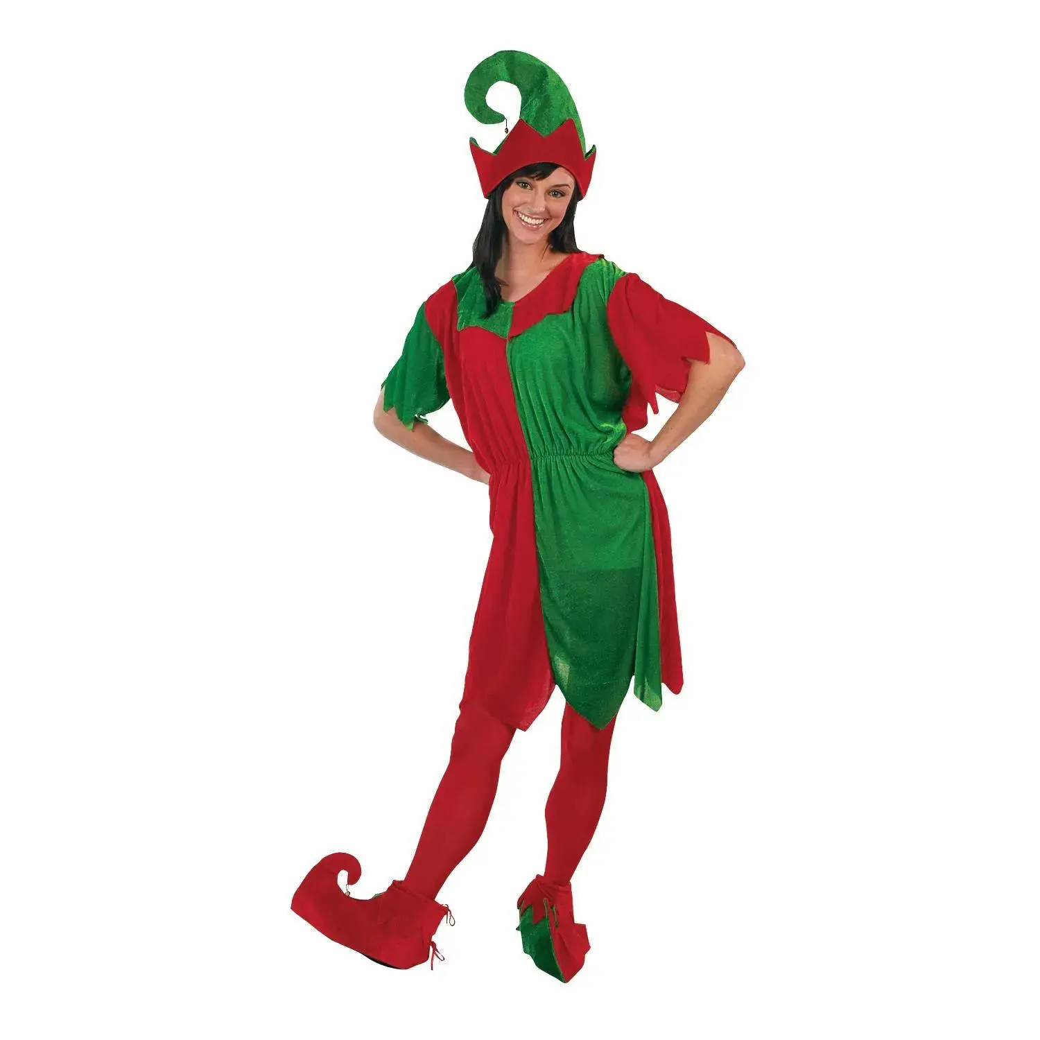 Women's Classic Christmas Elf Red & Green Polyester Costume - One Size