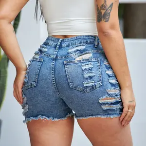 Summer Casual Ripped Elastic Tight Denim Shorts Fit Womenswear - Elegant Mid-Waist Short Length Skinny Fit Medium Stretch Denim Dark Blue