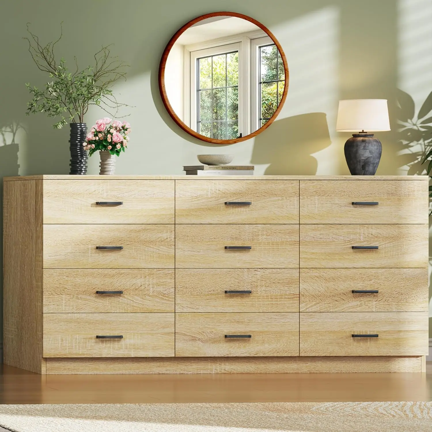 【Summergarden】Dresser for Bedroom with 12 Drawers, 60'' Wide Mid Century Modern Dressers, Natural Wood Grain, Chests of Drawers TV Stand, Large Storage Organizer, Closet, Entryway, Natural