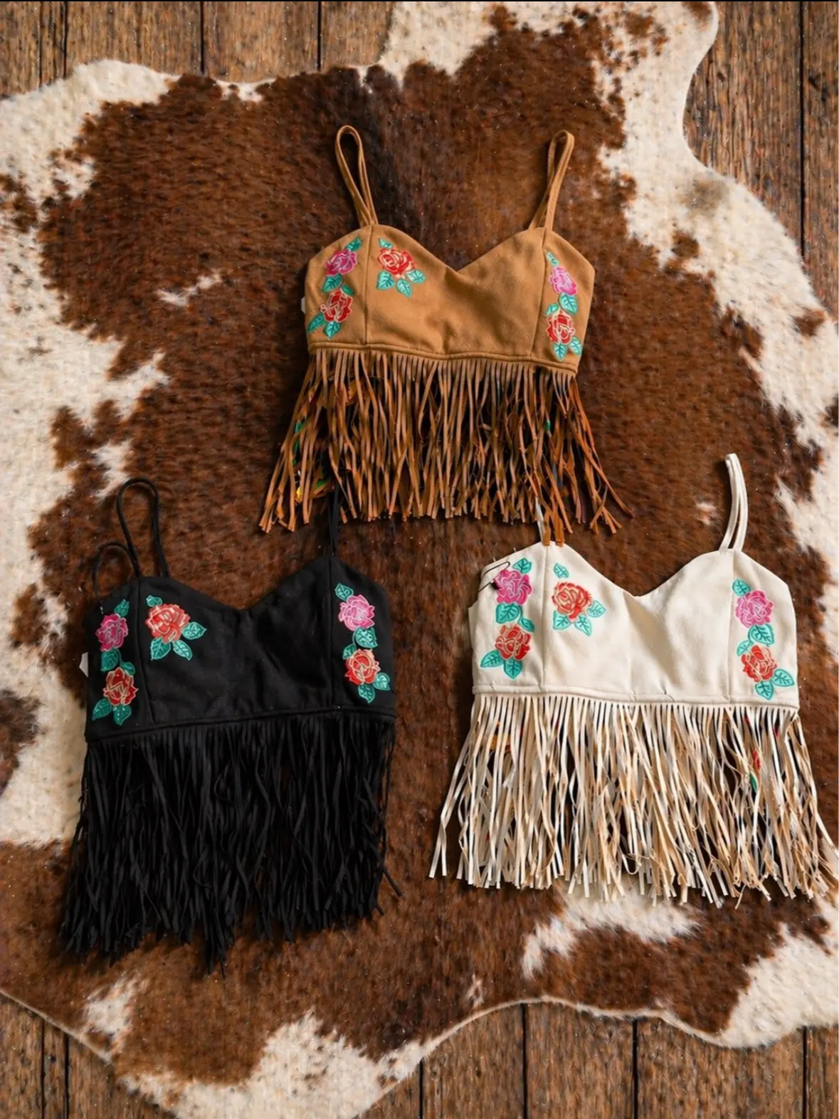 Embroided floral suede fringe crop top