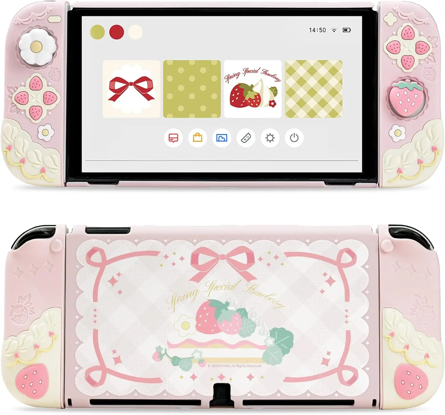 GeekShare Strawberries with Cream Case Compatible with Switch OLED, Soft Silicone Slim Protective Cover with Separable Shell and 2 Thumb Grips (Pink)