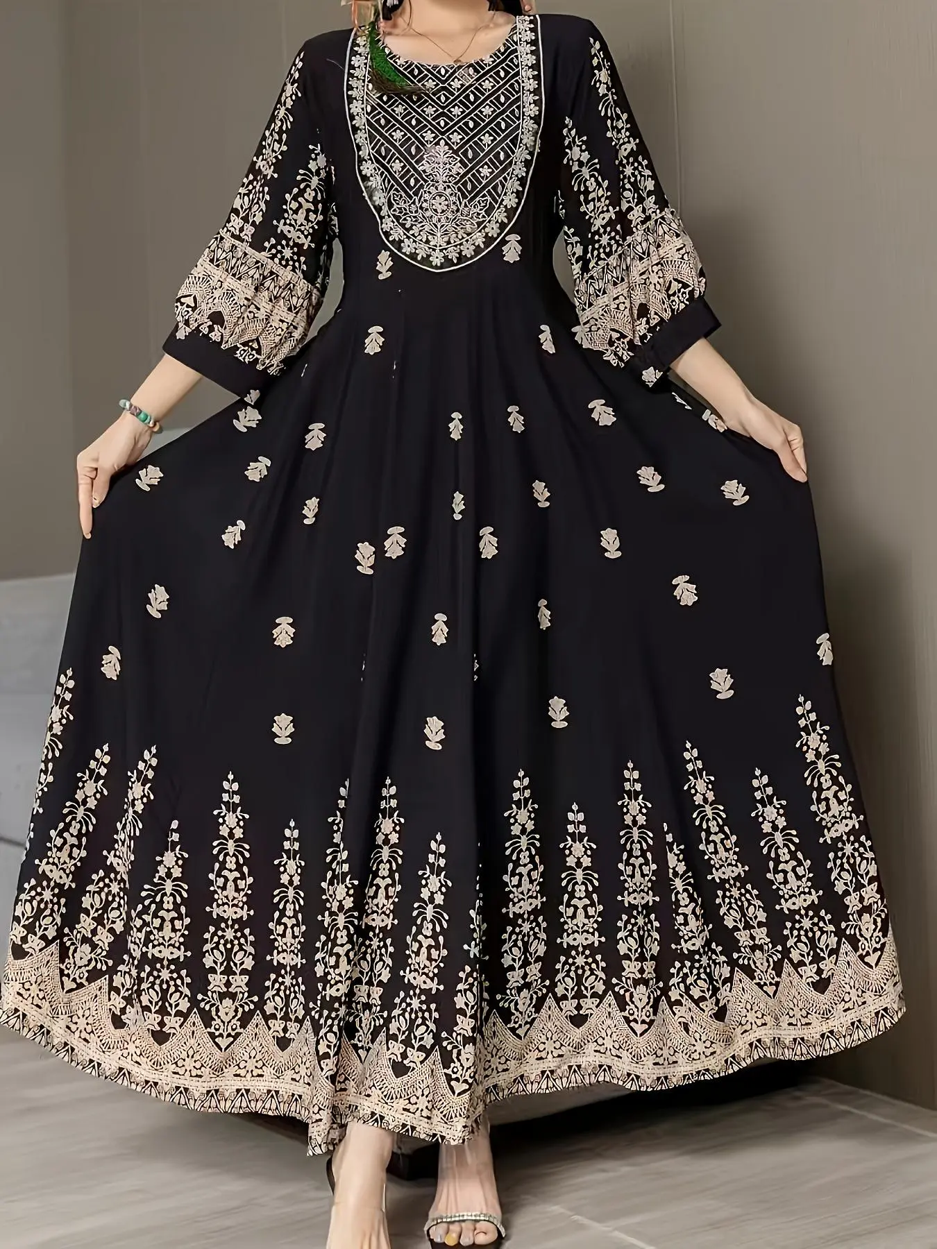 Women's Embroidery 3/4 Sleeve Dress, Elegant Round Neck Long Dress for Vacation Holiday Wedding Guest, Ladies Spring & Fall Clothes, Arab Wedding Attire, Dresses for Wedding, Summer Formal Wedding Guest Dress
