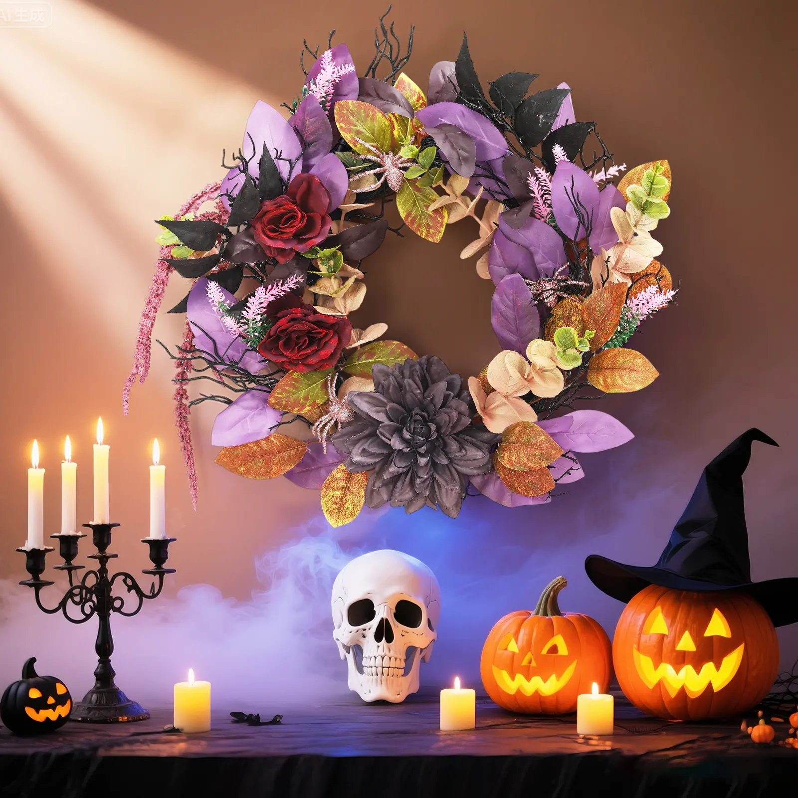 18 in Spooky Artificial Spider Wreath with Artificial Roses, Halloween Festive Decoration for Front Door, Window, Wall, Garlands & Swags, Artificial Spider Wreaths, Garlands & Swags