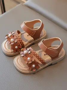 Girls' Woven Flower Sandals, Fashionable Sandals, Sweet Cute Style, Pearl Decoration, Soft Bottom Velcro, Summer Comfortable Shoes for Girls, Floral Design Sandals, Floral Pattern Sandals