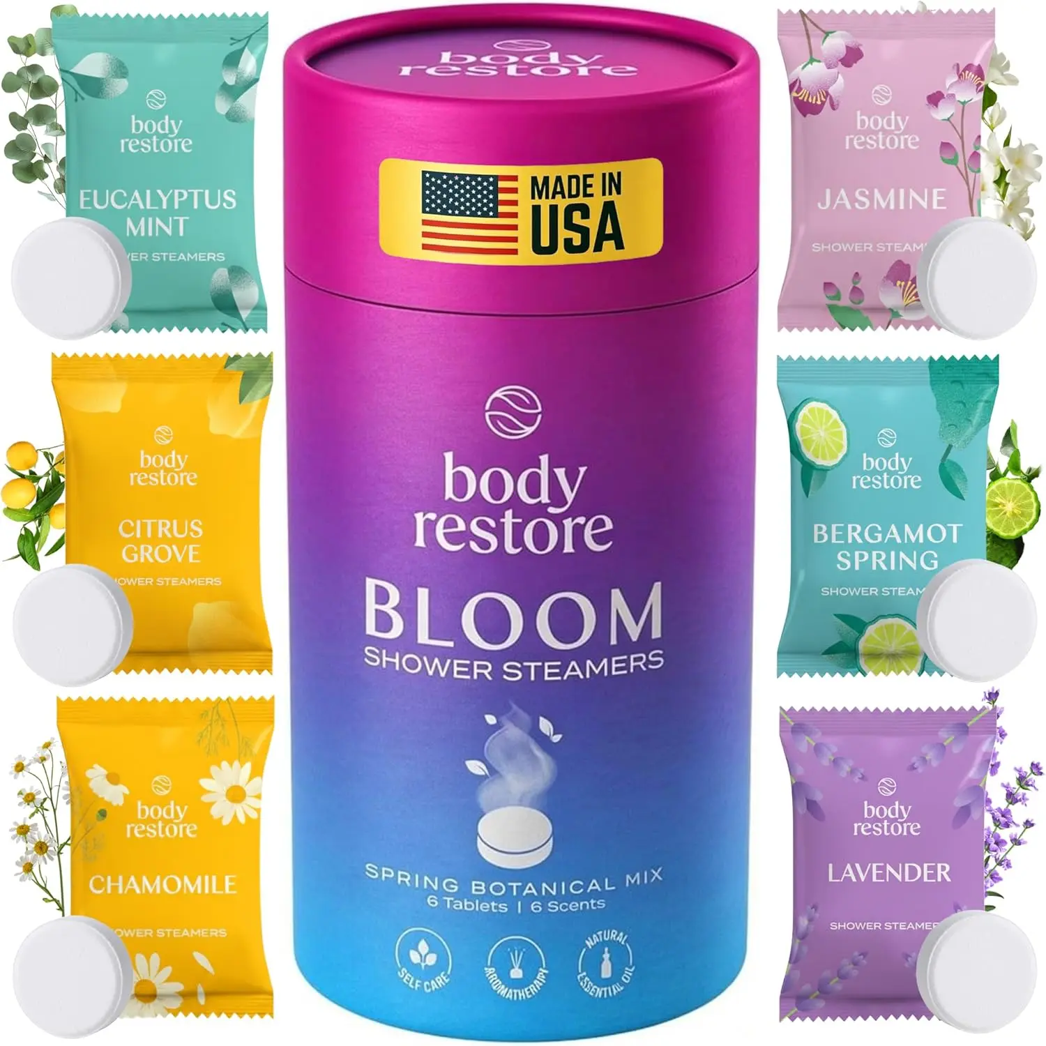 Aromatherapy Shower Steamers 6-Pack Assorted Scents - Body Care for Relaxation, Stress Relief, Self Care - Lavender, Tea Tree, Rose, Chamomile, Eucalyptus - Restore Focus Valentines Day Gifts for Her
