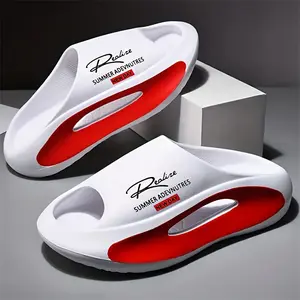 Men's Summer Athletic Slides - Stylish EVA Slippers with Letter Print, Breathable Thick Sole, Open Toe Design for Indoor/Outdoor Comfort, White & Red Accents, Sports Sandals |   Casual Slippers |   Durable Slippers Boy Footwear