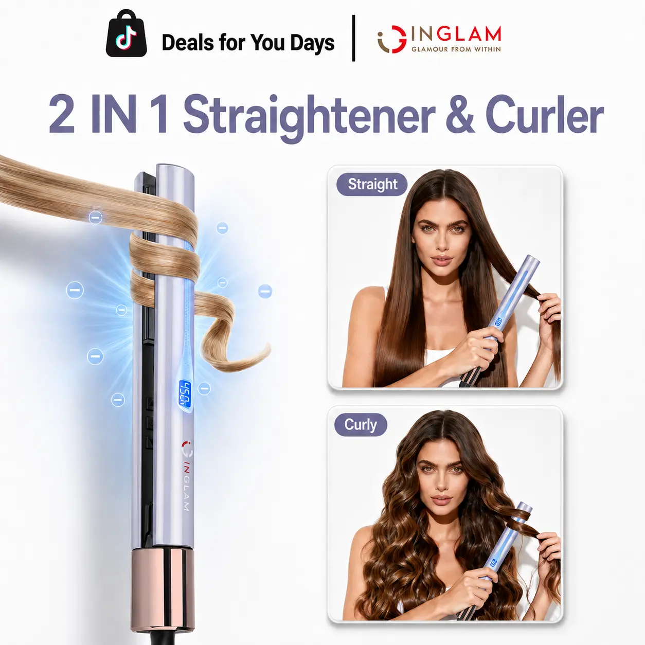 INGLAM 2-in-1 Hair Straightener and Curler - Flat Iron & Curling Styler for Bouncy Curls & Silky Straight Hair, 20S Fast Heating 450°F, 11 Temp Settings, Dual Voltage Dorm Essentials