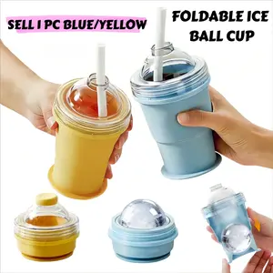 1 Count Collapsible Ice Ball Cup Built-In Ice Mold, Ice Cube Mold, Ice Ball Molds, Foldable Straw Cup, Food Grade Silicone Reusable Ice Maker Bottle, Easy Press Release Ice, Leakproof Compact Design For Summer Travel Outdoor Hydration
