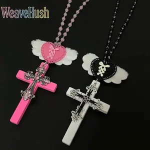 Y2K Angel Cross Necklace for Women, Large Gothic Angel Wing Pendant, Vintage Grunge Statement Sweater Chain, Bold Silver Tone Aesthetic Jewelry, Trendy Festival & Streetwear Accessory, Perfect Gift for E-Girls & Fashion Lovers