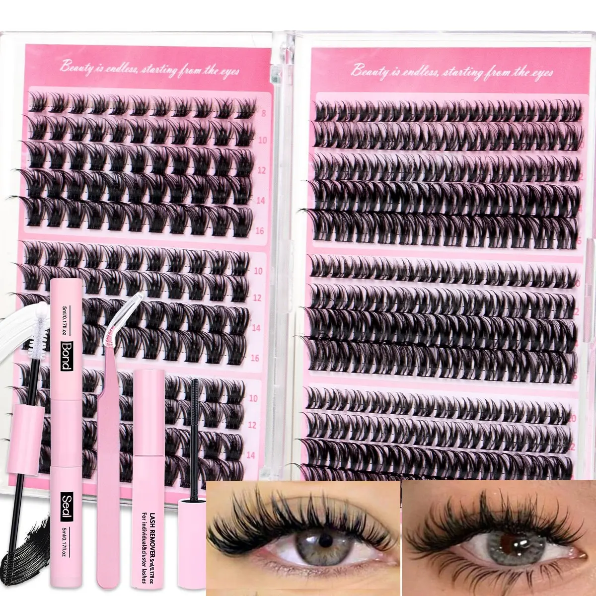 Luxury Lash Clusters Kit, Velure/ Wispy/ Fluffy/ Flora Lashes 8-16mm, Volume Eyelash Clusters, Self-Grafting Curling Lashes for Women, Wet look Lashes, Beginner Friendly, Individual Lashes with Bond&Seal &Remove&Tweezers, DIY Cluster Lash