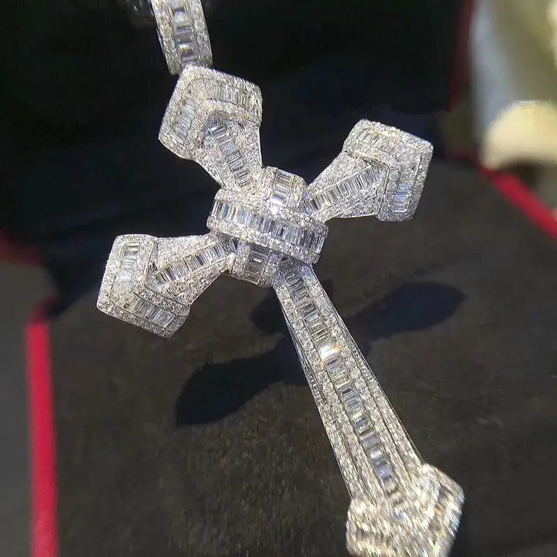 Hip Hop Full Moissanite Cross Pendant Necklace For Men Women, 925 Sterling Silver Cross Pendant for Men Women, 7*4cm Hip Hop Fine Jewelry Gifts For Women Men, Christmas Gifts For Ladies Mother Father, Valentine'S day Gifts For Women Men