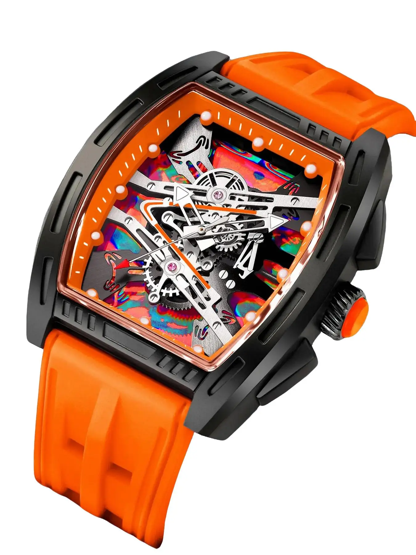 Sporty Quartz Barrel Shape Watch for Men, Quartz Analog Watch, Quartz Wristwatch, Casual Trendy Wristwatch, Trendy Classic Design with Acrylic Mirror, Durable Resin Case and Silicone Strap, Sporty Modern Waterproof Watch, Skeleton Watches