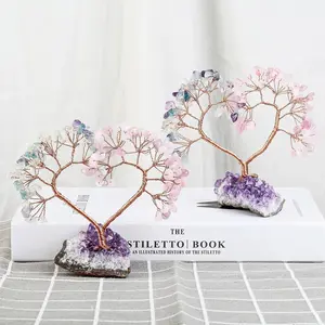 MollyGems Handmade Rose Quartz/ Fluorite Love Heart Shape Wire Wrapped Crystals Tree with Amethyst Cluster Base Home Ornament