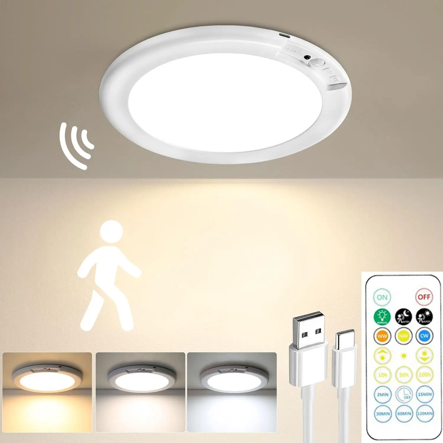 Rechargeable Motion Sensor Ceiling Light - Magnetic Wireless Plastic Light with Remote, Rechargeable Battery, Adhesive Installation for Closet, Showers, Travel Use, Easy Setup