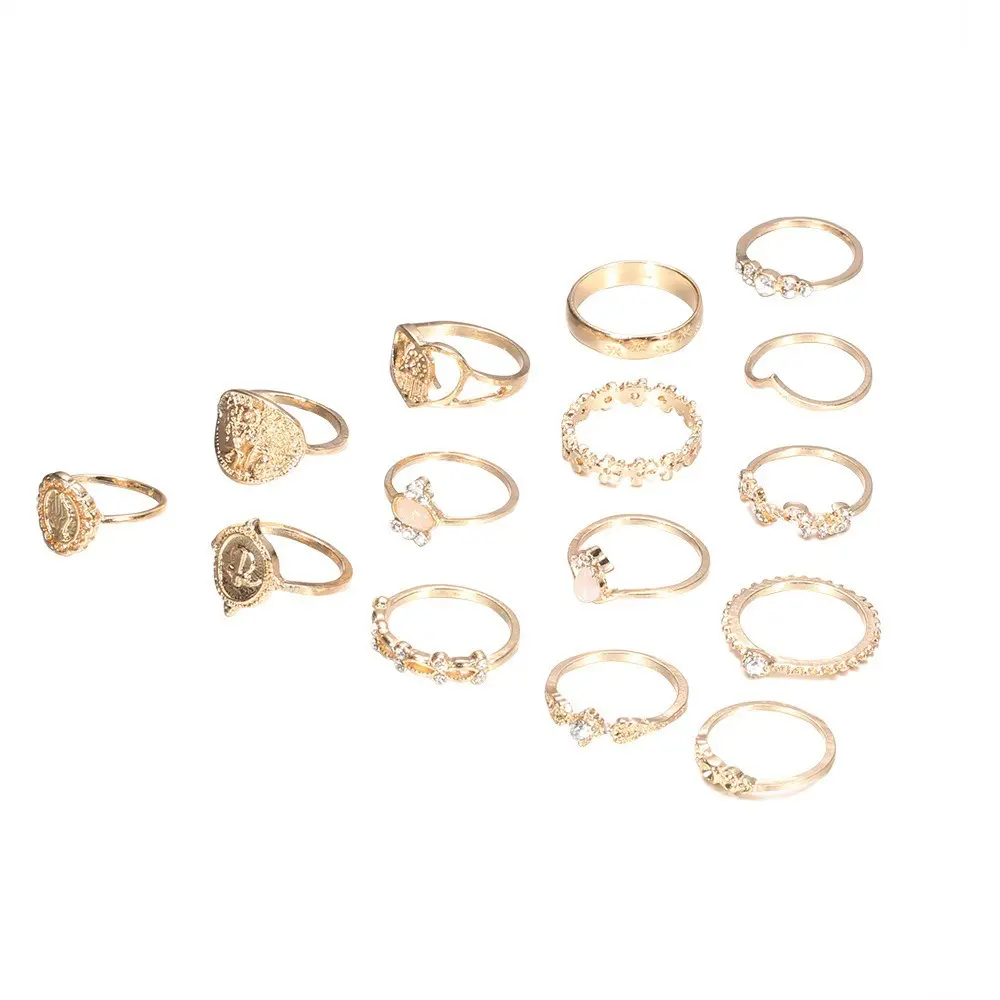 Fashionable and popular retro-style avatar gold coin cross pattern heart-shaped 15-piece ring set Matching Rings Gold Plated Rings
